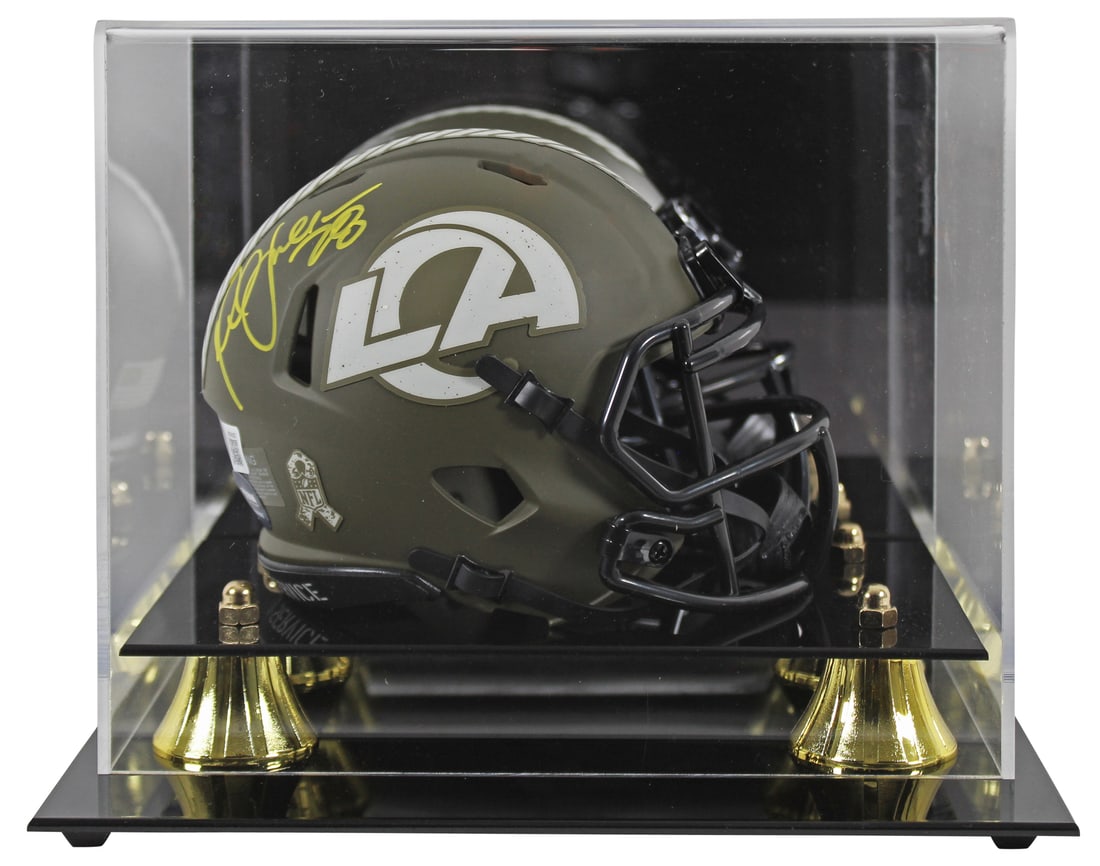 Marshall Faulk Signed St. Louis Rams Mini Helmet with Yellow Signature Beckett Authenticated: Marshall Faulk Signed St. Louis Rams Mini Helmet with Yellow Signature Beckett Authenticated This St. Louis Rams Speed Mini Helmet, featuring a vibrant yellow signature, has been personally autographe