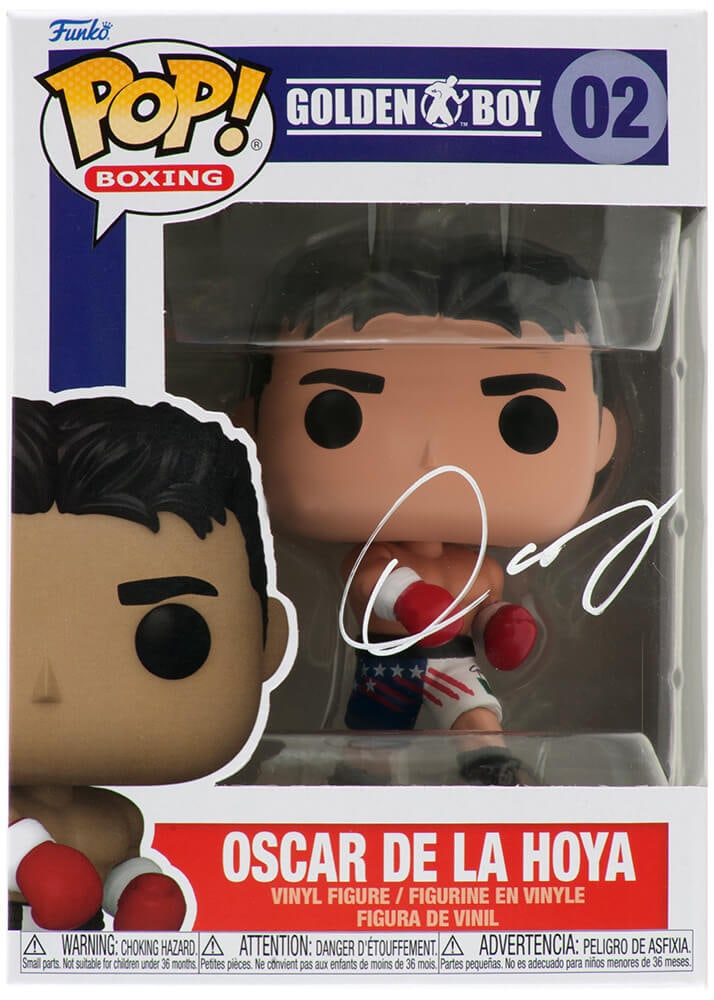 Oscar De La Hoya Signed Funko Pop Doll #02 with COA: Oscar De La Hoya Signed Funko Pop Doll #02 with COA This Oscar De La Hoya Signed Golden Boy Boxing Funko Pop Doll #02 is a must-have for boxing enthusiasts and collectors alike. The doll features the