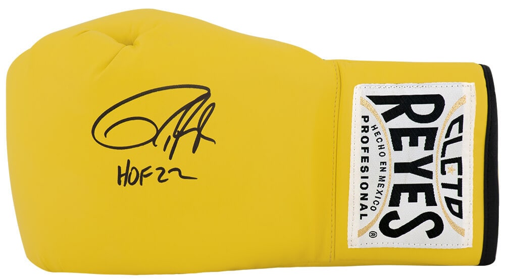 Roy Jones Jr Cleto Reyes Signed Yellow Boxing Glove HOF 22 COA: Roy Jones Jr Cleto Reyes Signed Yellow Boxing Glove HOF 22 COA This is an original Cleto Reyes yellow boxing glove signed by Roy Jones Jr., featuring the inscription 'HOF 22'. The glove is authenticat