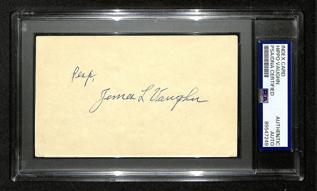 Hippo Vaughn Signed 3x5 Index Card Chicago Cubs PSA/DNA: Hippo Vaughn Signed 3x5 Index Card Chicago Cubs PSA/DNA This offering features an original 3x5 index card signed and inscribed by Hippo Vaughn, a notable player of the Chicago Cubs. The card has been