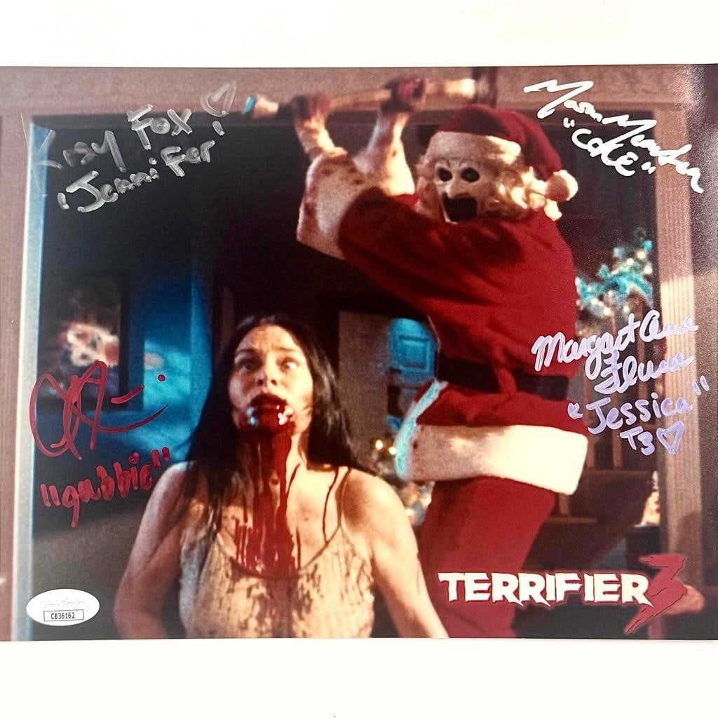 Terrifier 3 Cast Signed 8x10 Photo with JSA COA 4 Autographs: Terrifier 3 Cast Signed 8x10 Photo with JSA COA 4 Autographs This is an original 8x10 photograph from "Terrifier 3," featuring the autographs of four cast members: Fox, Florence, Rose, and Mecartea. T