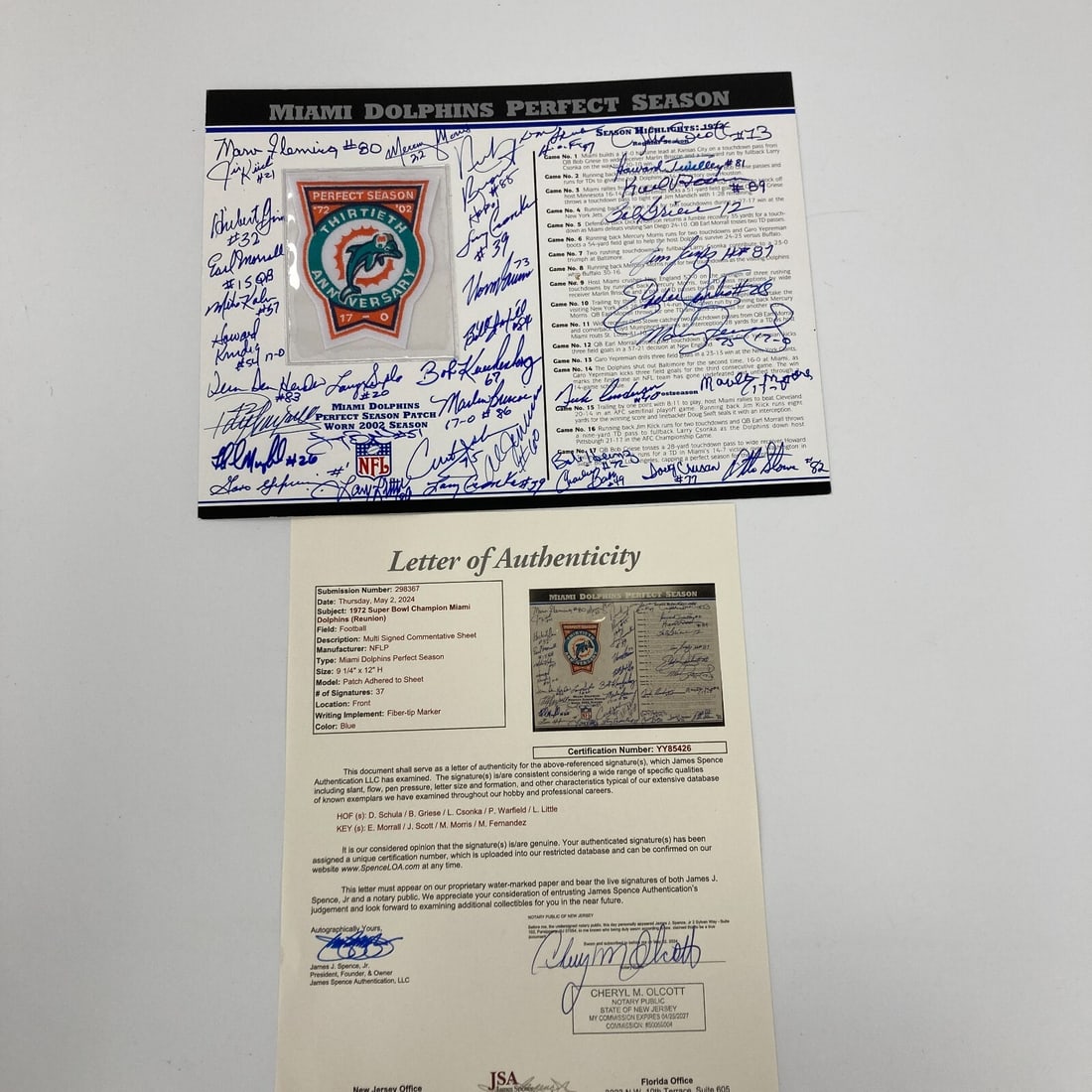 1972 Miami Dolphins Team Signed Commemorative Patch with JSA COA: 1972 Miami Dolphins Team Signed Commemorative Patch with JSA COA Celebrate the legacy of the 1972 Miami Dolphins with this exceptional team signed commemorative patch. This original item features a gl