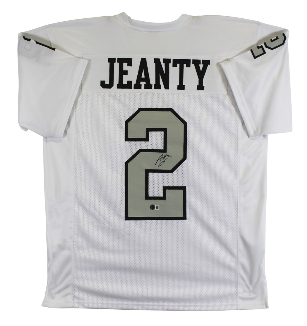 Ashton Jeanty Signed Las Vegas Raiders White Color Rush Jersey BAS Authenticated: Ashton Jeanty Signed Las Vegas Raiders White Color Rush Jersey BAS Authenticated This authentic white Color Rush Pro Style jersey, sized X-Large, has been personally signed by Ashton Jeanty of the Las