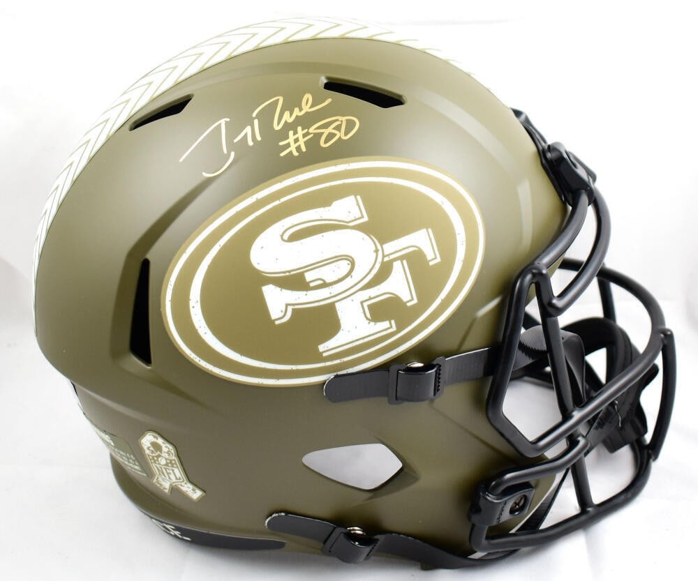 Jerry Rice Autographed 49ers Salute to Service Speed Helmet Fanatics: Jerry Rice Autographed 49ers Salute to Service Speed Helmet Fanatics Celebrate the legacy of Jerry Rice with this authentic San Francisco 49ers full-size Salute to Service speed helmet, signed by the