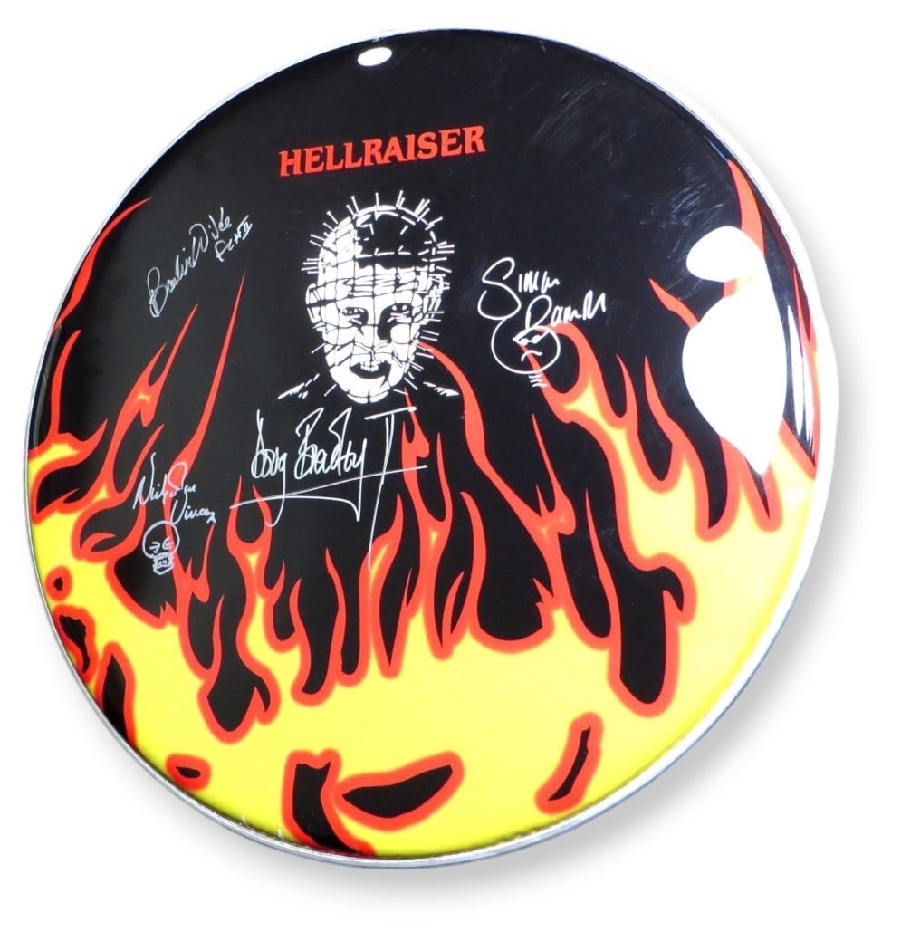Hellraiser Signed Autographed 22 Inch Drumhead JSA Authenticated: Hellraiser Signed Autographed 22 Inch Drumhead JSA Authenticated This unique collectible features a 22" drumhead autographed by the iconic cast of Hellraiser, including Simon Bamford, Nicholas Vince,