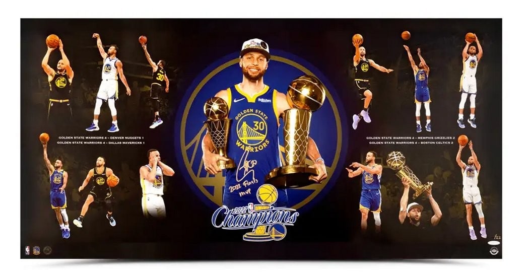 Stephen Curry Autographed 18X40 Photo 2022 Finals MVP Limited Edition #/22: Stephen Curry Autographed 18X40 Photo 2022 Finals MVP Limited Edition #/22 Celebrate the incredible legacy of Stephen Curry with this autographed 18x40 photo collage titled "2002 Finals MVP." This ori