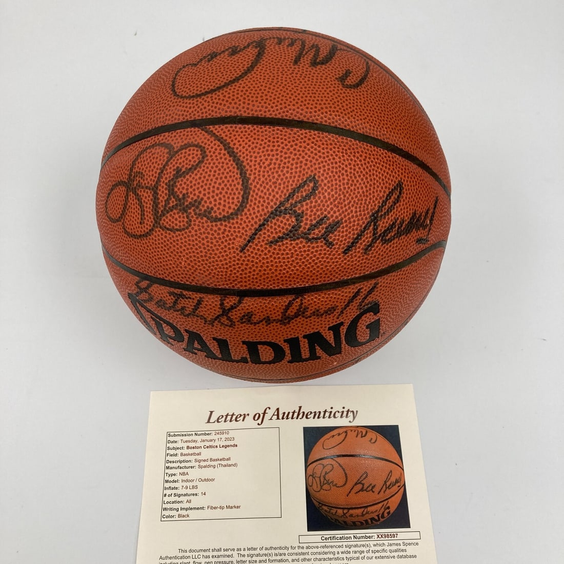 Boston Celtics Legends Signed Basketball 14 Autographs JSA Bill Russell Larry Bird: Boston Celtics Legends Signed Basketball 14 Autographs JSA Bill Russell Larry Bird This remarkable piece of sports memorabilia features a rare multi-signed Spalding NBA basketball honoring Boston Celt