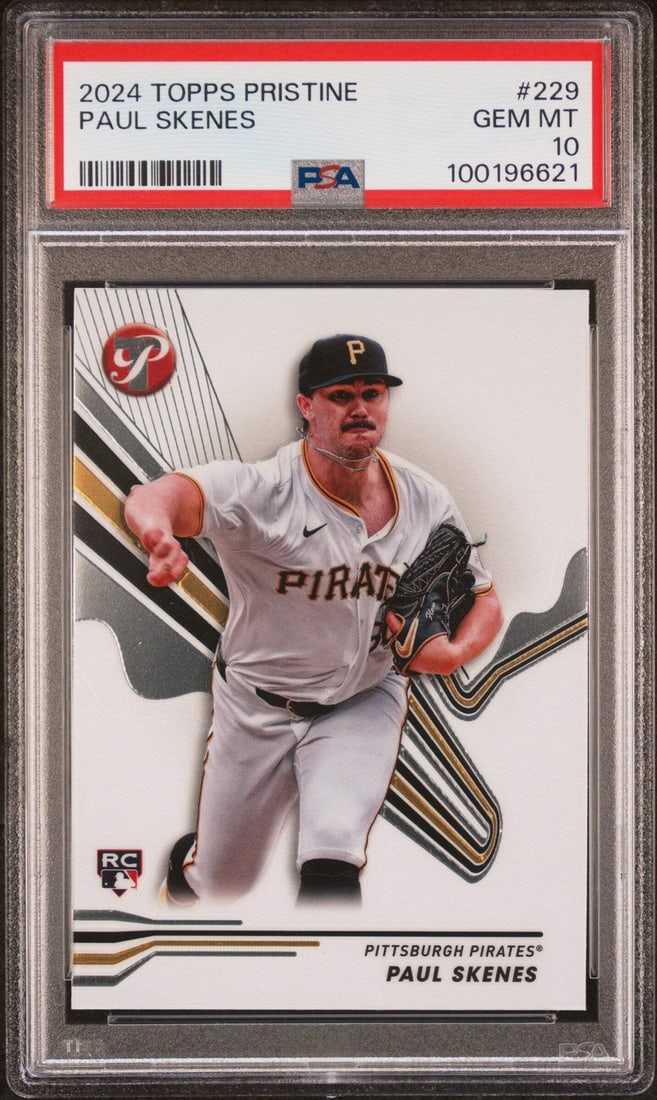 2024 Topps Pristine Paul Skenes #229 Rookie Baseball Card PSA 10: 2024 Topps Pristine Paul Skenes #229 Rookie Baseball Card PSA 10 This is a graded 2024 Topps Pristine Paul Skenes #229 Rookie RC Baseball Card featuring a PSA 10 Gem rating. The card is encapsulated f