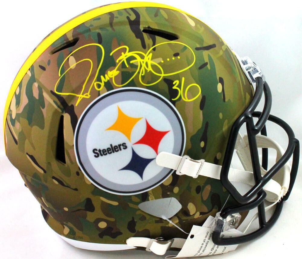 Jerome Bettis Autographed Steelers Camo Speed Full Size Helmet Beckett Authenticated: Jerome Bettis Autographed Steelers Camo Speed Full Size Helmet Beckett Authenticated This is an authentic Jerome Bettis autographed full-size camouflage speed helmet from his time with the Pittsburgh