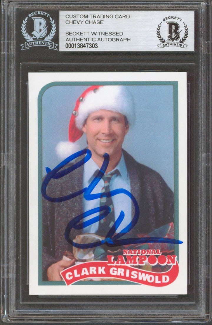 Chevy Chase Signed Christmas Vacation Trading Card Beckett Authenticated: Chevy Chase Signed Christmas Vacation Trading Card Beckett Authenticated This unique trading card features the autograph of Chevy Chase, renowned for his role in National Lampoon's Christmas Vacation.