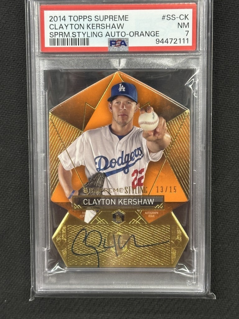 Clayton Kershaw 2014 Topps Supreme Orange Auto PSA 7 #SS-CK: Clayton Kershaw 2014 Topps Supreme Orange Auto PSA 7 #SS-CK This is a 2014 Topps Supreme Orange Styling Auto baseball card featuring Clayton Kershaw, the renowned pitcher for the Los Angeles Dodgers.