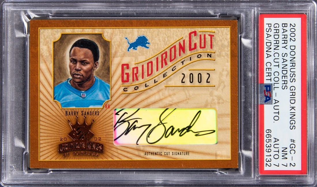 2002 Donruss Gridiron Kings Barry Sanders Auto #25/83 PSA 7: 2002 Donruss Gridiron Kings Barry Sanders Auto #25/83 PSA 7 This is a rare 2002 Donruss Gridiron Kings Gridiron Cut Collection #GC-2 card featuring the legendary Barry Sanders. It is a signed card, nu