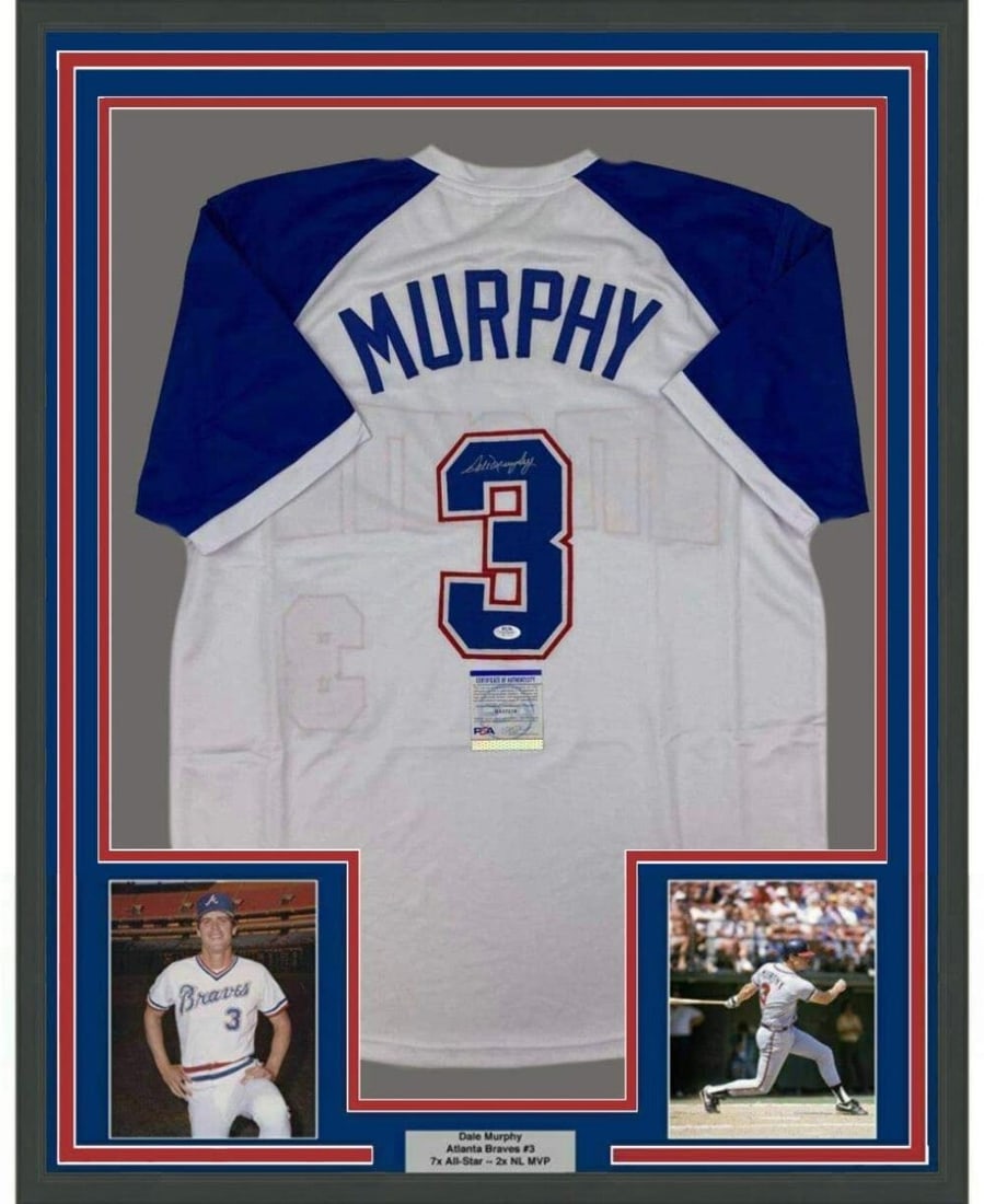 Framed Autographed Dale Murphy Jersey 33x42 PSA/DNA Atlanta Braves: Framed Autographed Dale Murphy Jersey 33x42 PSA/DNA Atlanta Braves This professionally framed autographed Dale Murphy jersey features the Atlanta Braves' iconic white design. Measuring 33" x 42", it i