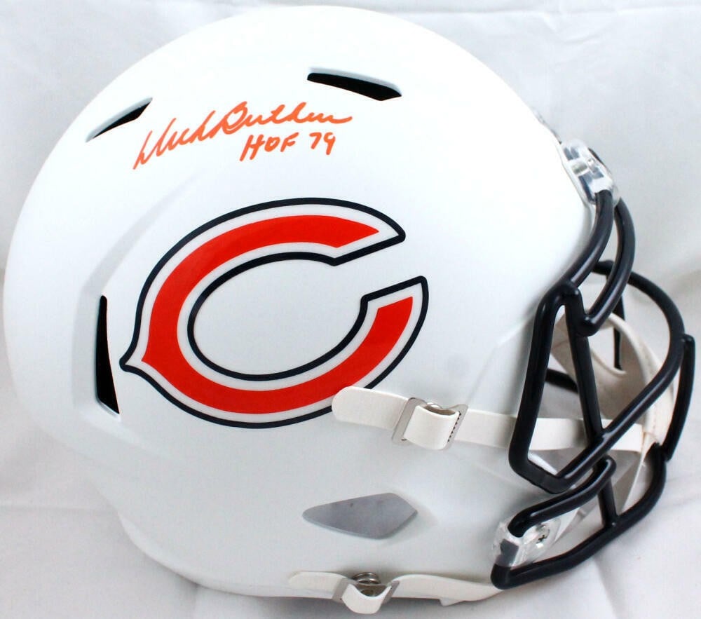 Dick Butkus Autographed Chicago Bears Full Size Helmet HOF 79 JSA Certified: Dick Butkus Autographed Chicago Bears Full Size Helmet HOF 79 JSA Certified Celebrate the legacy of Dick Butkus with this signed Chicago Bears full-size flat white speed helmet. This authentic piece f