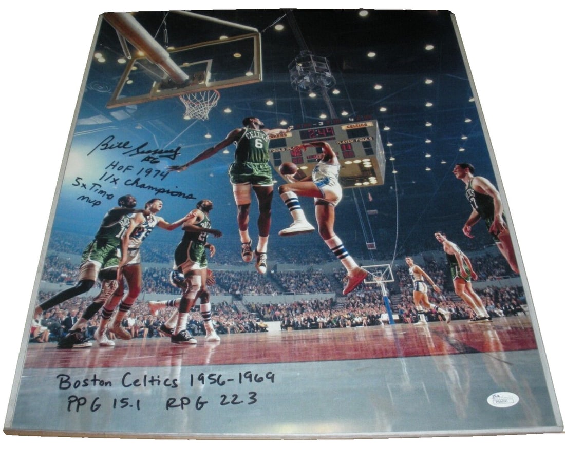 Bill Russell Signed 16x20 Photo Boston Celtics JSA Authenticated Rare: Bill Russell Signed 16x20 Photo Boston Celtics JSA Authenticated Rare This is a rare, authentic 16x20 photo of Bill Russell, the legendary Boston Celtics player and Hall of Famer (HOF 1975). The photo