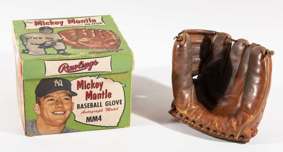 1950s Mickey Mantle Rawlings MM4 Baseball Glove with Original Box: 1950s Mickey Mantle Rawlings MM4 Baseball Glove with Original Box This iconic 1950's Mickey Mantle HOF Rawlings MM4 Baseball Glove comes with its original box, widely considered the most attractive Mi