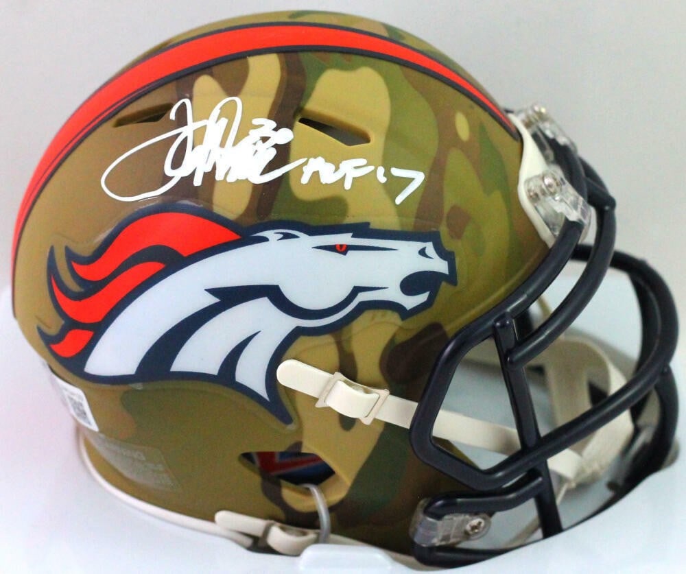 Terrell Davis Autographed Denver Broncos Camo Mini Helmet Beckett Authentic: Terrell Davis Autographed Denver Broncos Camo Mini Helmet Beckett Authentic This Denver Broncos mini helmet is autographed by Terrell Davis, a celebrated player and Hall of Famer. The camo design adds