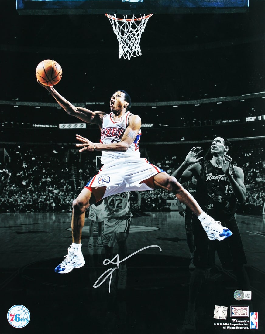 Allen Iverson Signed 16x20 Photo Philadelphia 76ers BAS Witnessed Authentic: Allen Iverson Signed 16x20 Photo Philadelphia 76ers BAS Witnessed Authentic This original 16x20 vertical spotlight photo features the iconic Allen Iverson of the Philadelphia 76ers, personally signed