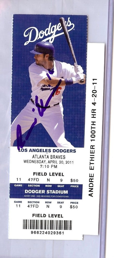 Andre Ethier Autographed Ticket 100th HR Dodgers JSA Authenticated 4/20/11: Andre Ethier Autographed Ticket 100th HR Dodgers JSA Authenticated 4/20/11 Celebrate a remarkable moment in baseball history with this authentic ticket stub, commemorating Andre Ethier's 100th home ru