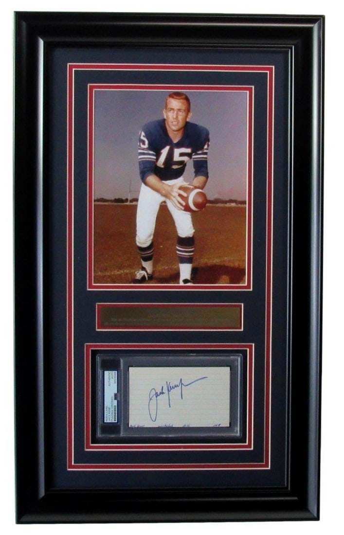 Jack Kemp Signed Buffalo Bills Framed Collage PSA/DNA Authentic: Jack Kemp Signed Buffalo Bills Framed Collage PSA/DNA Authentic This exquisite framed collage features a signed 3x5 index card of Jack Kemp, the renowned Buffalo Bills player. Accompanied by an 8x10 p