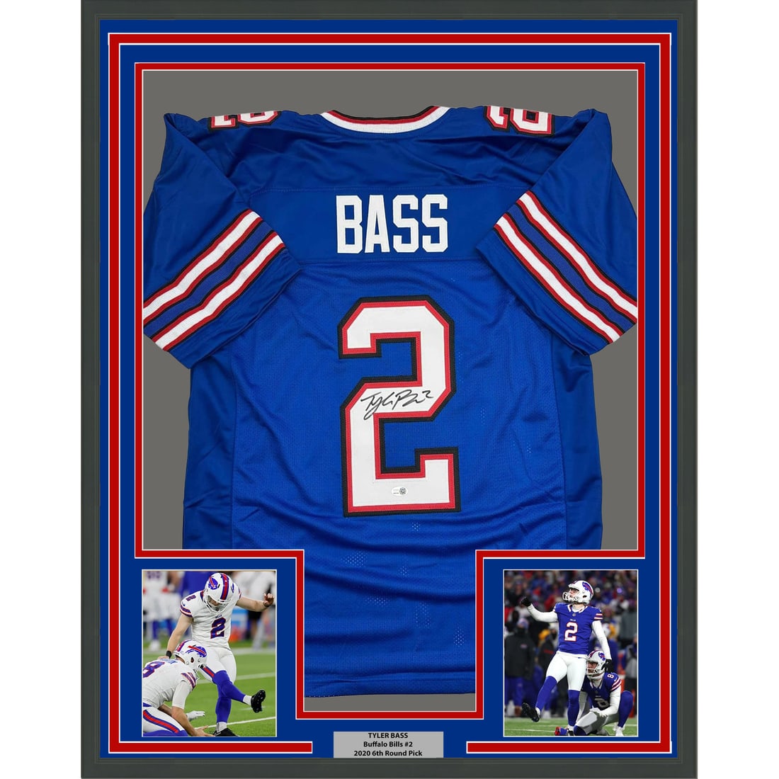 Buffalo Bills Tyler Bass Signed 35x39 Framed Jersey With JSA Authentication: Buffalo Bills Tyler Bass Signed 35x39 Framed Jersey With JSA Authentication This professionally framed and matted Buffalo Bills football jersey is autographed by Tyler Bass. The display includes two 5