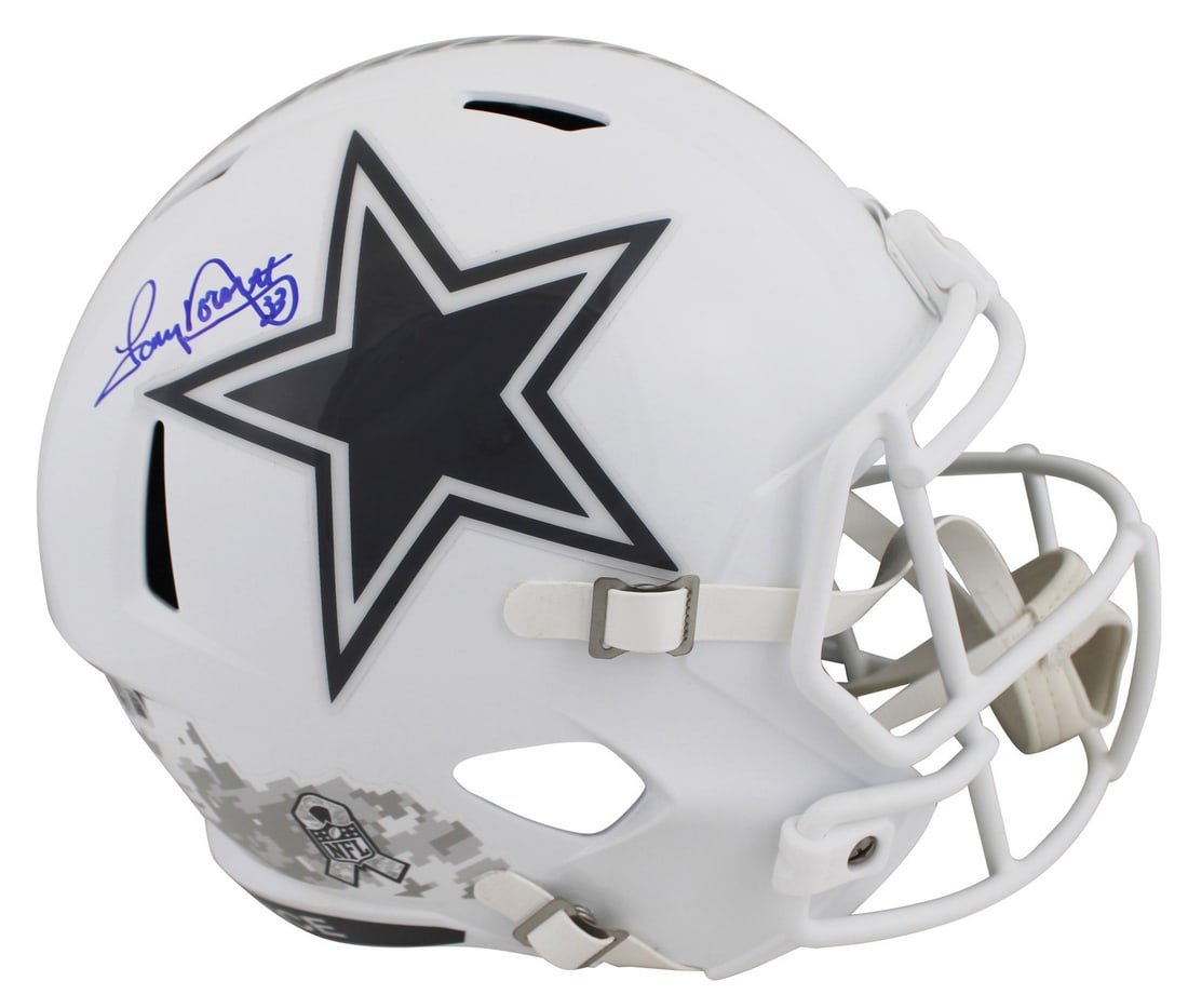 Tony Dorsett Signed Dallas Cowboys Salute To Service III Helmet BAS Authenticated: Tony Dorsett Signed Dallas Cowboys Salute To Service III Helmet BAS Authenticated This authentic full-size speed replica helmet is a tribute to the Dallas Cowboys and features the signature of legenda
