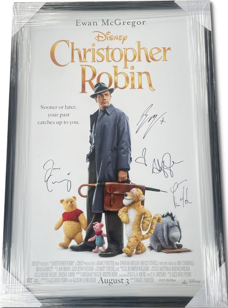 Christopher Robin Cast Autographed Poster 29x42 JSA Certified Framed: Christopher Robin Cast Autographed Poster 29x42 JSA Certified Framed This original autographed poster features the cast of *Christopher Robin*, including Ewan McGregor. The poster is framed and measur
