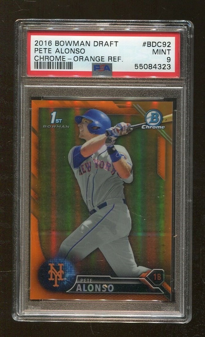 2016 Bowman Chrome Draft Orange Refractor Pete Alonso RC PSA 9 Baseball Card: 2016 Bowman Chrome Draft Orange Refractor Pete Alonso RC PSA 9 Baseball Card This is a 2016 Bowman Chrome Draft Orange Refractor sports trading card featuring Pete Alonso of the New York Mets. The car