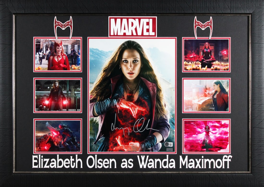 Elizabeth Olsen The Scarlet Witch Signed 11x14 Framed Photo Beckett Authenticated: Elizabeth Olsen The Scarlet Witch Signed 11x14 Framed Photo Beckett Authenticated This stunning 11x14 vertical photograph features Elizabeth Olsen as The Scarlet Witch, personally signed by the actres