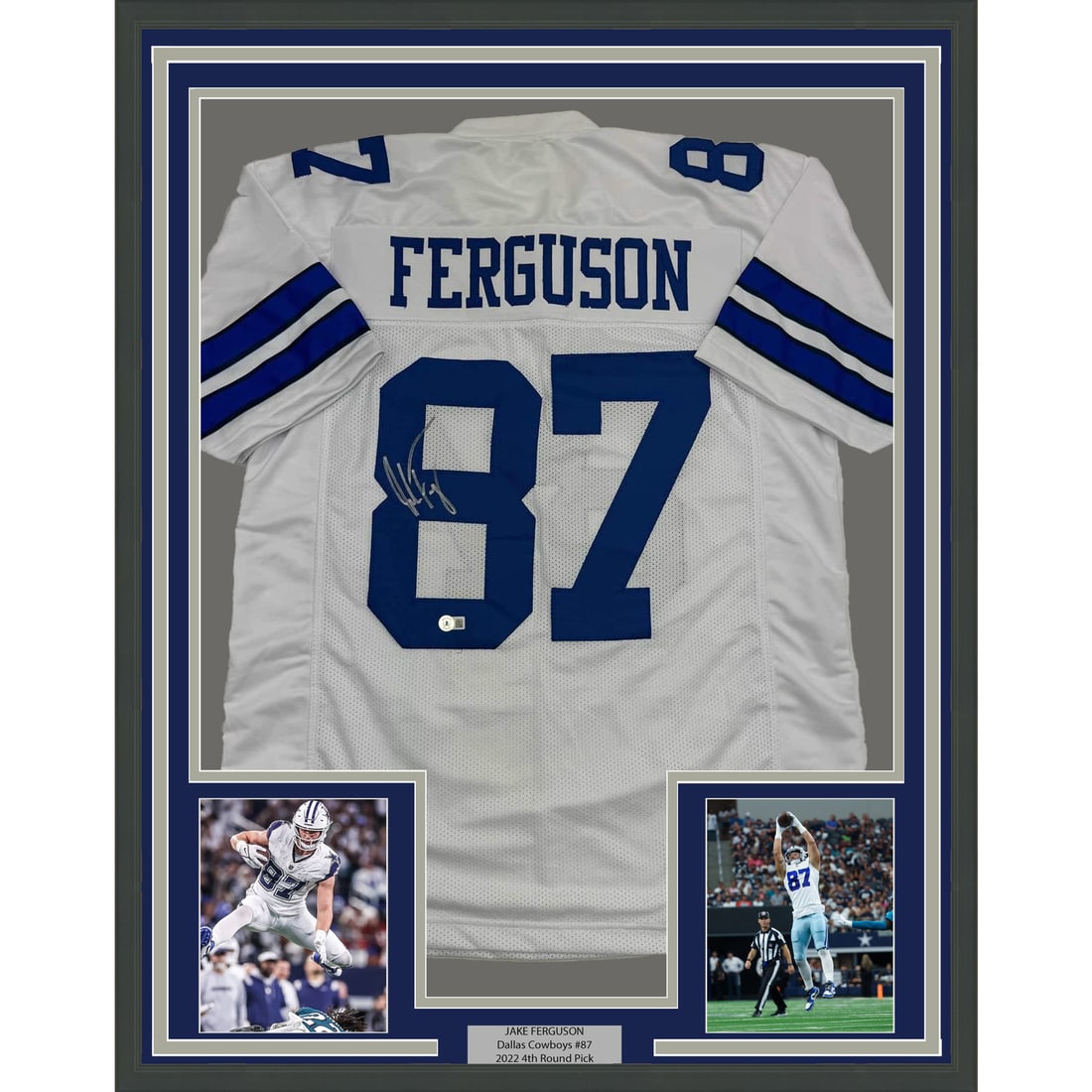 Jake Ferguson Signed Dallas Cowboys Jersey 35x39 Framed Beckett Authenticated: Jake Ferguson Signed Dallas Cowboys Jersey 35x39 Framed Beckett Authenticated This professionally framed and matted Dallas Cowboys jersey features an authentic autograph from Jake Ferguson. The displa