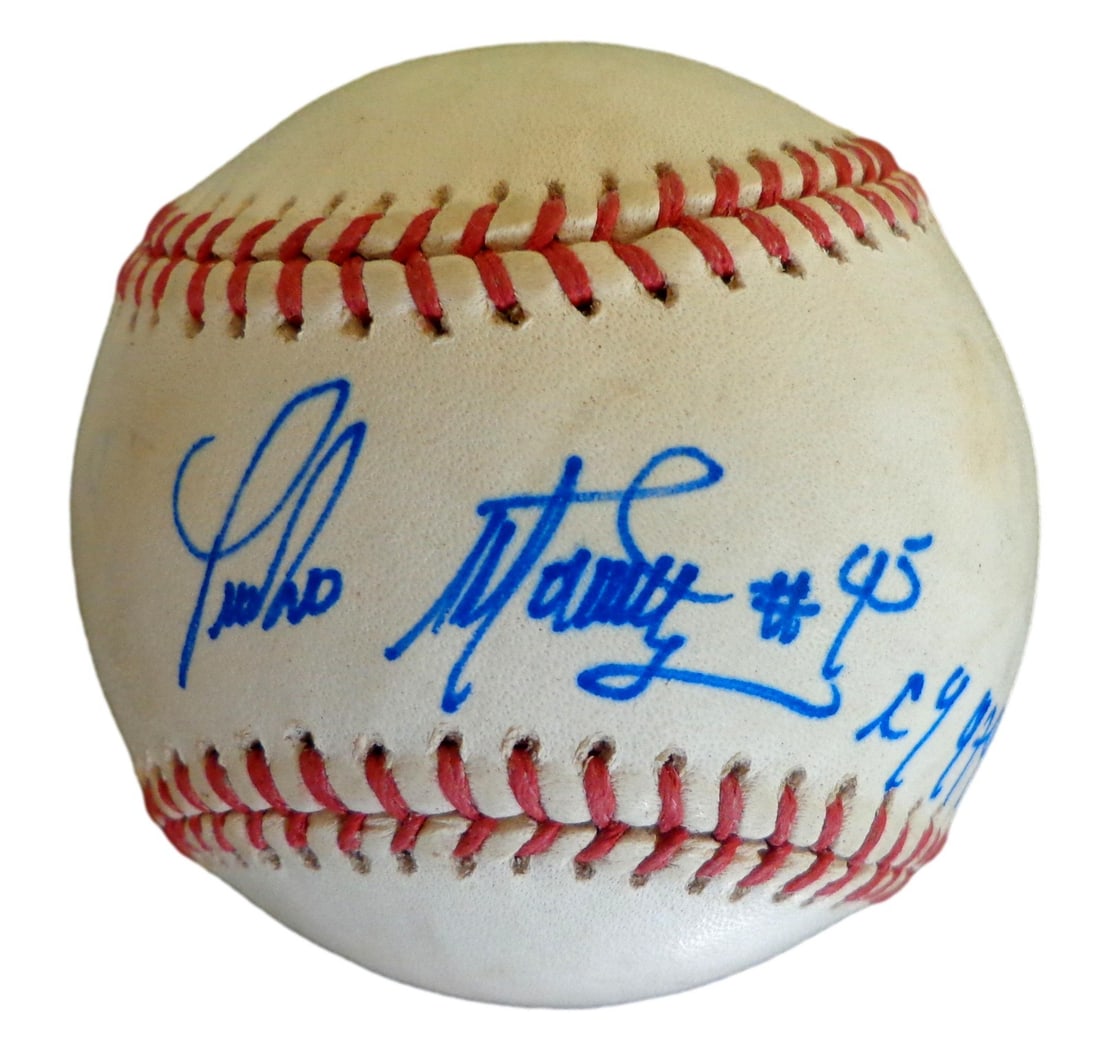 Pedro Martinez HOF Inscribed OML Baseball Boston Red Sox JSA Authenticated: Pedro Martinez HOF Inscribed OML Baseball Boston Red Sox JSA Authenticated This is an original autographed OML baseball signed by Pedro Martinez, the Hall of Fame pitcher renowned for his exceptional