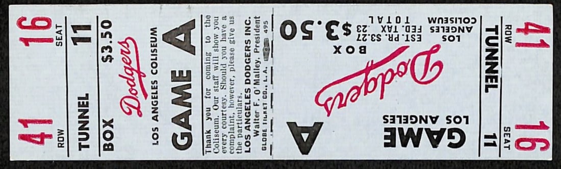 Vintage 1959 NL Tie Breaker Dodgers Full Ticket Game 2 Clincher: Vintage 1959 NL Tie Breaker Dodgers Full Ticket Game 2 Clincher This Vintage 1959 NL Tie Breaker Full Ticket commemorates the exciting Game 2 Clincher between the Los Angeles Dodgers and the Milwaukee