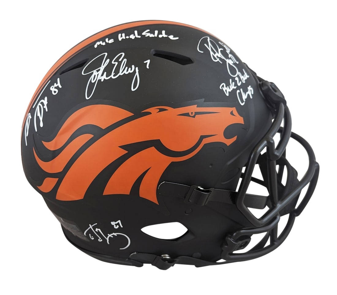 Denver Broncos Signed Eclipse Helmet Elway Sharpe McCaffrey Smith BAS: Denver Broncos Signed Eclipse Helmet Elway Sharpe McCaffrey Smith BAS This authentic full-size speed proline helmet features the signatures of Denver Broncos legends John Elway, Shannon Sharpe, Ed McC