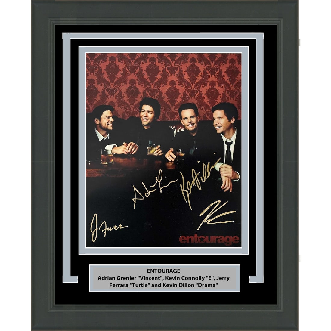 Framed Signed 16x20 Entourage Cast Photo with JSA COA: Framed Signed 16x20 Entourage Cast Photo with JSA COA Celebrate the iconic series 'Entourage' with this professionally framed and autographed photo featuring the entire main cast. This striking 16x20