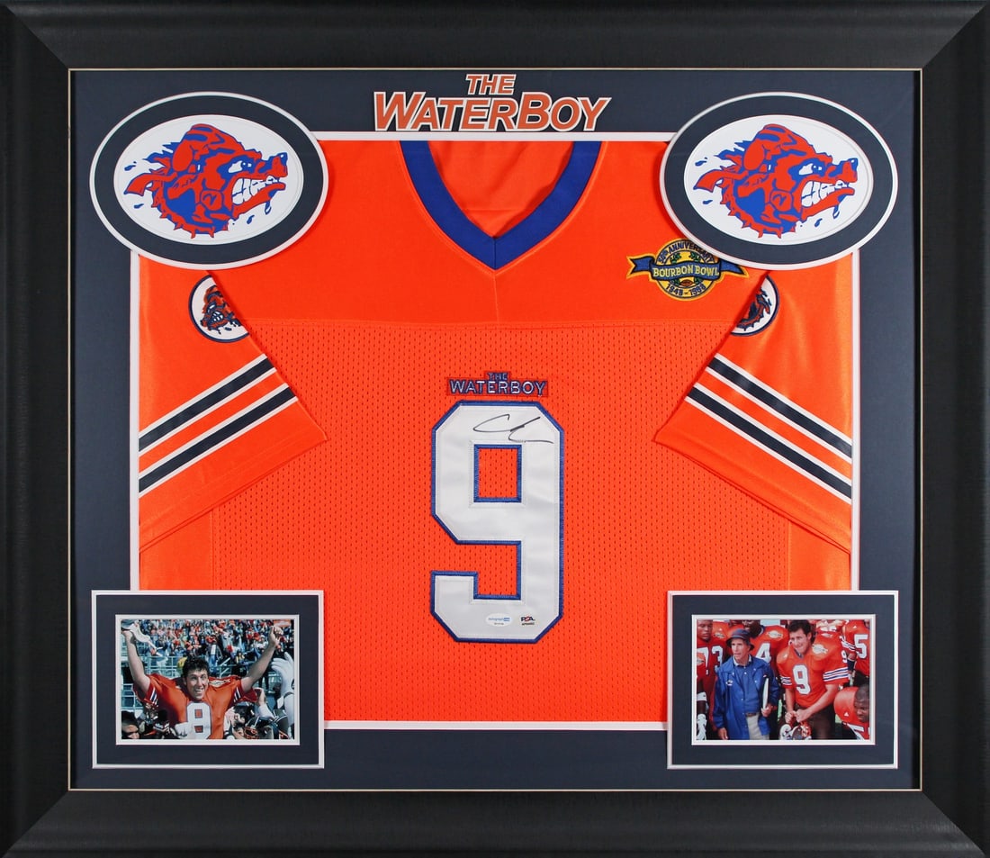 Adam Sandler Signed Waterboy Framed Jersey PSA Certified: Adam Sandler Signed Waterboy Framed Jersey PSA Certified This Autographed Orange Bourbon Bowl Custom Framed Jersey is a must-have for fans of Adam Sandler and the classic film, The Waterboy. Personall