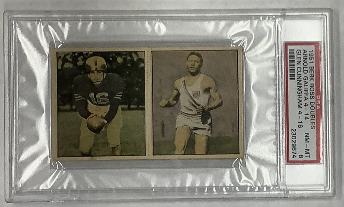 1951 Berk Ross Arnold Galiffa Glen Cunningham Football Card PSA 8: 1951 Berk Ross Arnold Galiffa Glen Cunningham Football Card PSA 8 This is a 1951 Berk Ross Doubles football card featuring Arnold Galiffa and Glen Cunningham. The card is graded PSA 8 (Near Mint-Mint)