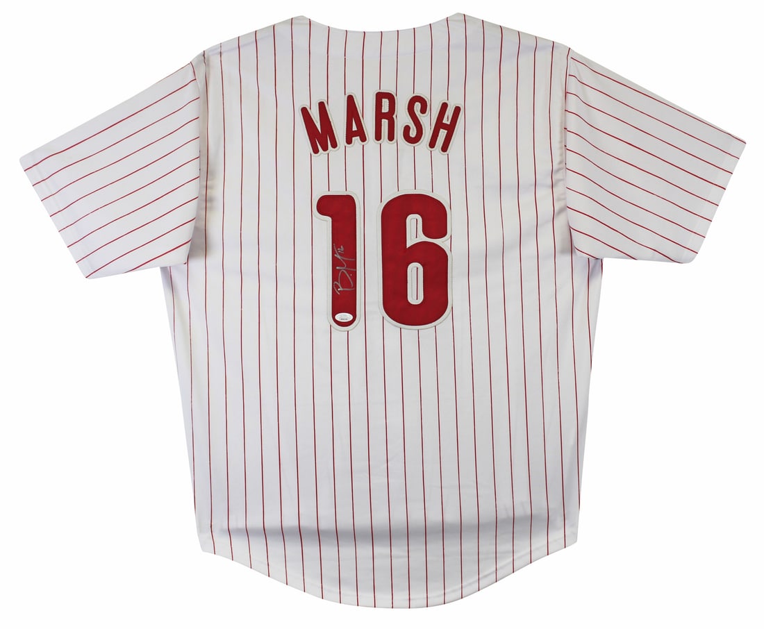 Brandon Marsh Signed White Pinstripe Jersey Philadelphia Phillies JSA Authenticated: Brandon Marsh Signed White Pinstripe Jersey Philadelphia Phillies JSA Authenticated Celebrate your passion for baseball with this authentic signed white pinstripe pro style jersey by Brandon Marsh of
