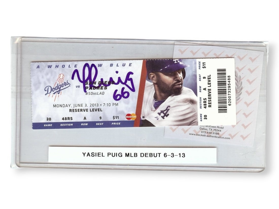 Yasiel Puig Signed Ticket Stub Dodgers MLB Debut 6/3/13 Beckett Authenticated: Yasiel Puig Signed Ticket Stub Dodgers MLB Debut 6/3/13 Beckett Authenticated Celebrate the memorable MLB debut of Yasiel Puig with this original ticket stub signed by the player himself on June 3, 20