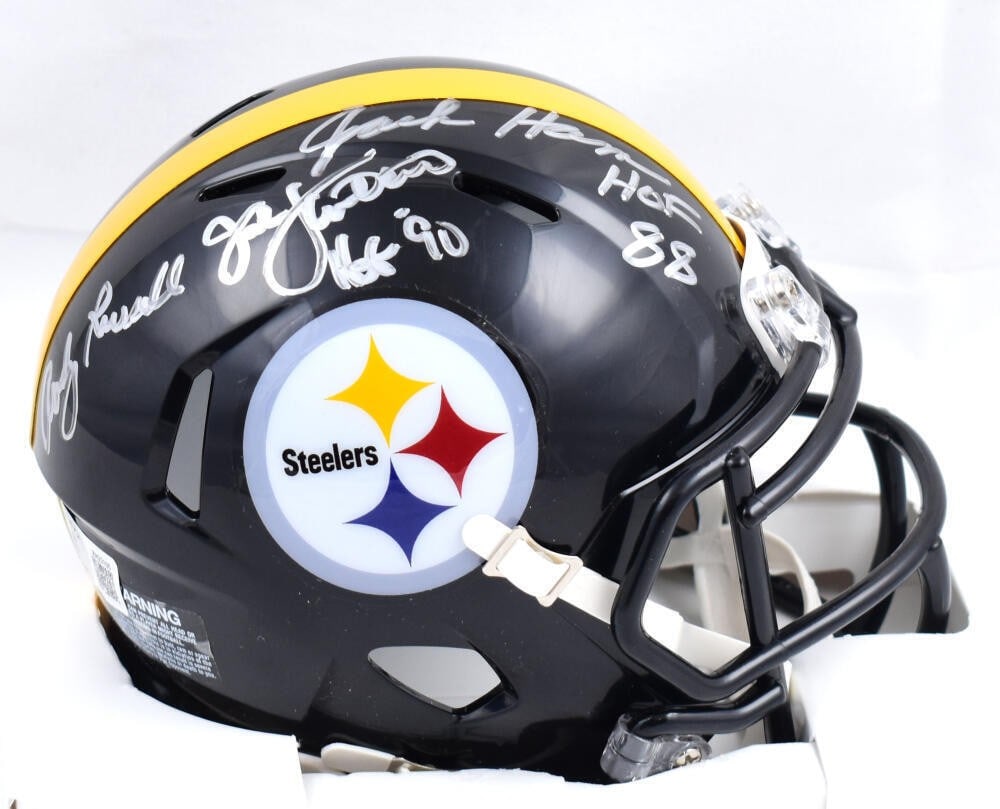 Pittsburgh Steelers Mini Helmet Signed by Lambert Ham Russell Beckett Authenticated: Pittsburgh Steelers Mini Helmet Signed by Lambert Ham Russell Beckett Authenticated This is an original Pittsburgh Steelers Speed Mini Helmet autographed by legendary players Jack Lambert, Jack Ham, a