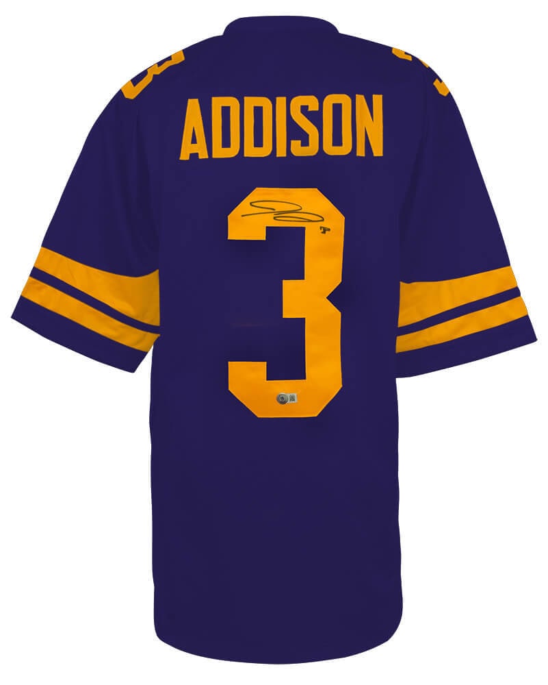 Jordan Addison Signed Purple Rush Vikings Jersey with Beckett COA: Jordan Addison Signed Purple Rush Vikings Jersey with Beckett COA Celebrate your support for the Minnesota Vikings with this authentic Jordan Addison signed purple Color Rush custom football jersey. T