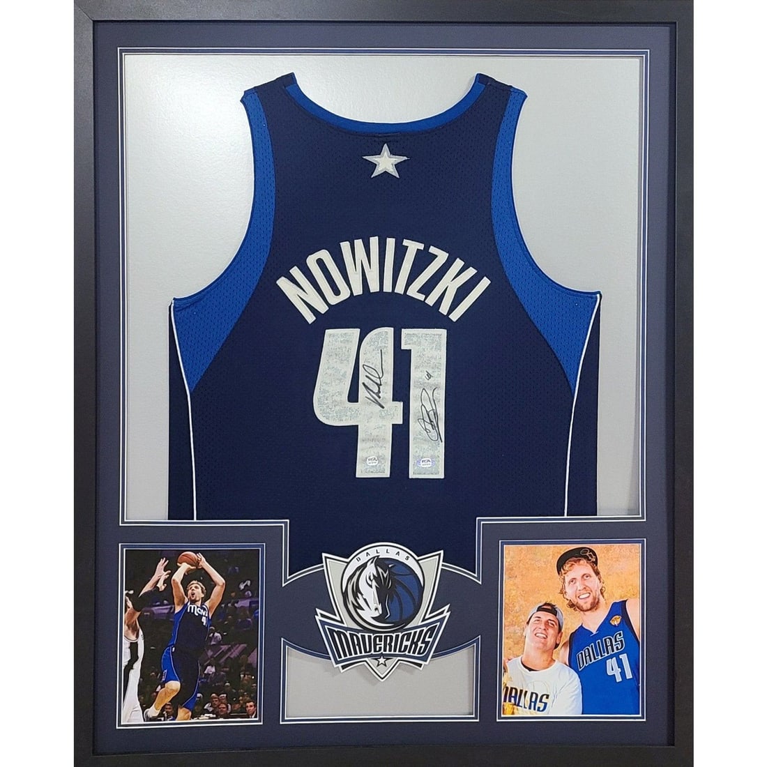 Dirk Nowitzki Mark Cuban Signed Framed Jersey PSA/DNA Authentic: Dirk Nowitzki Mark Cuban Signed Framed Jersey PSA/DNA Authentic This autographed Dirk Nowitzki framed jersey is a unique collectible signed by both Dirk Nowitzki and Mark Cuban, making it a rare gem f