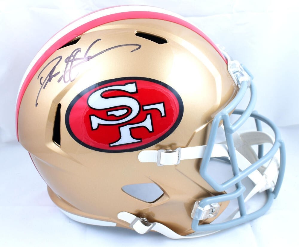 Deion Sanders Signed San Francisco 49ers Tribute Speed Helmet Beckett Authenticated: Deion Sanders Signed San Francisco 49ers Tribute Speed Helmet Beckett Authenticated This is a pre-owned full-sized tribute speed helmet signed by the legendary Deion Sanders, a celebrated player for t