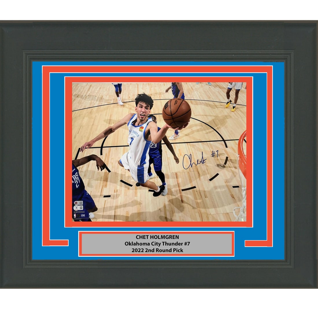 Framed Chet Holmgren Autographed 16x20 OKC Thunder Photo with BAS COA: Framed Chet Holmgren Autographed 16x20 OKC Thunder Photo with BAS COA Celebrate the exciting career of Chet Holmgren with this framed and autographed 16x20 photo showcasing him as a key player for the