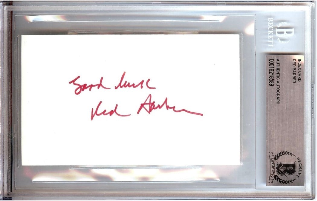 Red Barber Autographed Index Card Cincinnati Reds BAS Certified: Red Barber Autographed Index Card Cincinnati Reds BAS Certified This is an original autographed index card featuring the signature of renowned broadcaster Red Barber. Authenticated by Beckett Authenti