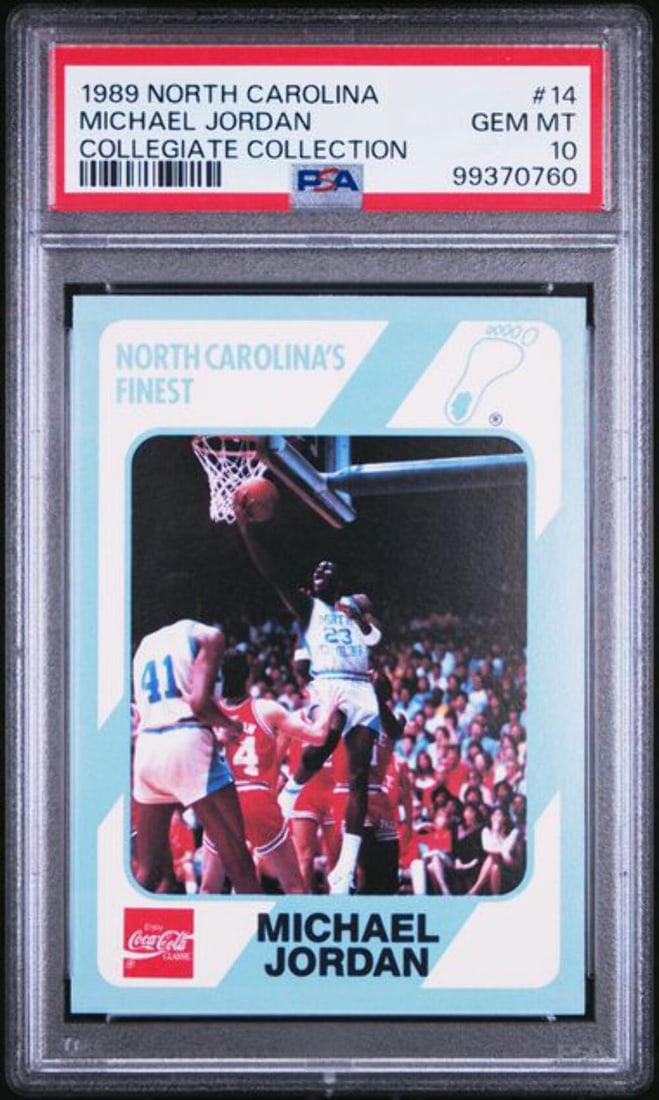 PSA 10 Michael Jordan 1989 North Carolina Collegiate Card #14 Basketball Original: PSA 10 Michael Jordan 1989 North Carolina Collegiate Card #14 Basketball Original This is a graded 1989 North Carolina Collegiate Collection Michael Jordan #14 basketball card. The card has been profe