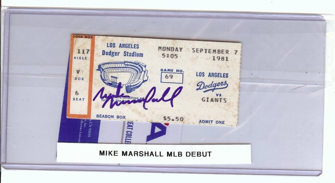 Mike Marshall Signed Ticket Stub Dodgers MLB Debut 9/7/81 PSA/DNA: Mike Marshall Signed Ticket Stub Dodgers MLB Debut 9/7/81 PSA/DNA Commemorate a significant moment in baseball history with this original ticket stub from Mike Marshall's MLB debut with the Los Angele