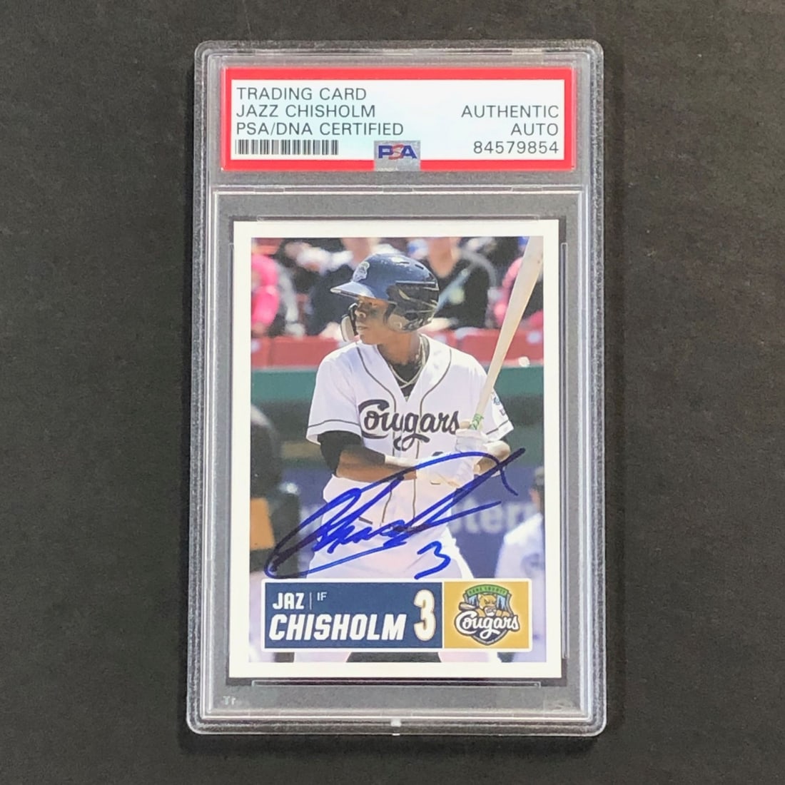 Jazz Chisholm Signed 2018 Kane County Cougars Team Set #3 PSA/DNA: Jazz Chisholm Signed 2018 Kane County Cougars Team Set #3 PSA/DNA This is a 2018 Kane County Cougars Team Set #3 card featuring the signature of Jazz Chisholm, a player for the Miami Marlins. The auto
