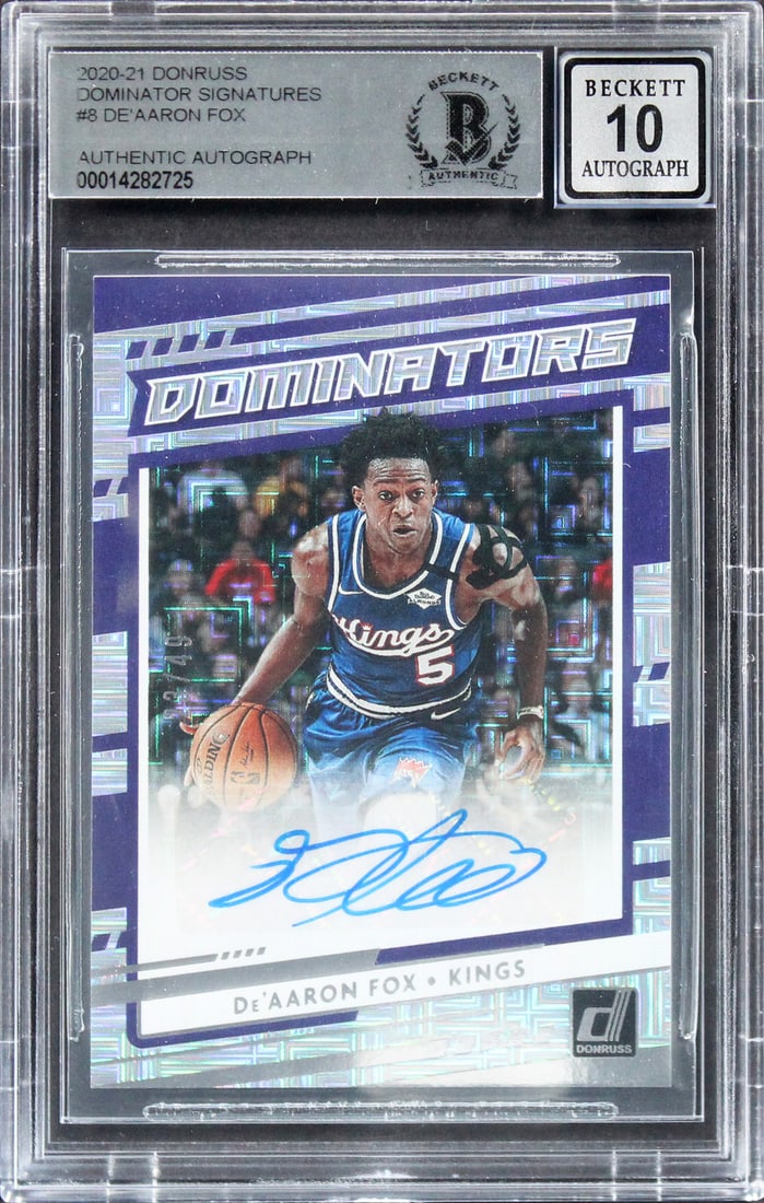 De'Aaron Fox Autographed 2020 Donruss Dominator #8 Card Gem Mint 10 BAS: De'Aaron Fox Autographed 2020 Donruss Dominator #8 Card Gem Mint 10 BAS This 2020 Donruss Dominator Signatures #8 card is a remarkable collectible featuring the autograph of De'Aaron Fox, star player