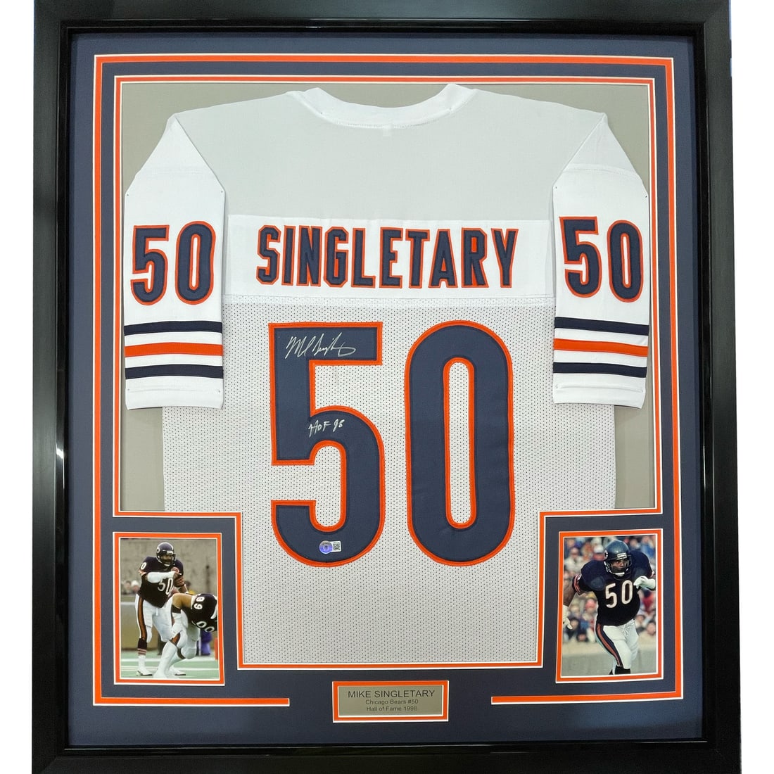 Framed Autographed Mike Singletary Chicago Bears Jersey with JSA COA: Framed Autographed Mike Singletary Chicago Bears Jersey with JSA COA This stunning framed display features an autographed jersey of NFL legend Mike Singletary, a Hall of Famer known for his exceptiona