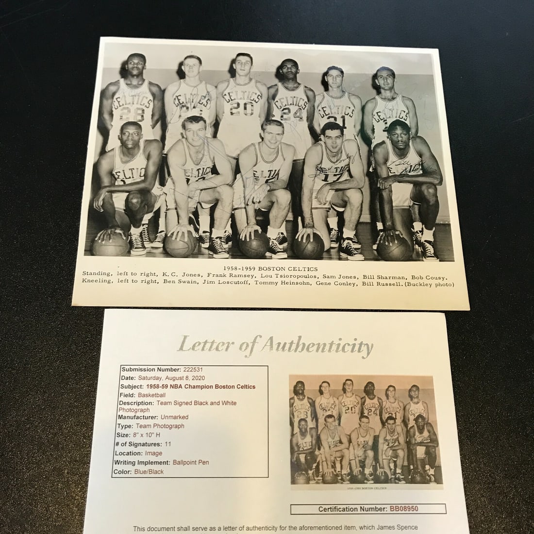 1958-59 Boston Celtics Team Signed Photo Bill Russell 11 Signatures JSA COA: 1958-59 Boston Celtics Team Signed Photo Bill Russell 11 Signatures JSA COA This rare original 1958-59 Boston Celtics vintage team signed photograph features an impressive collection of signatures fro